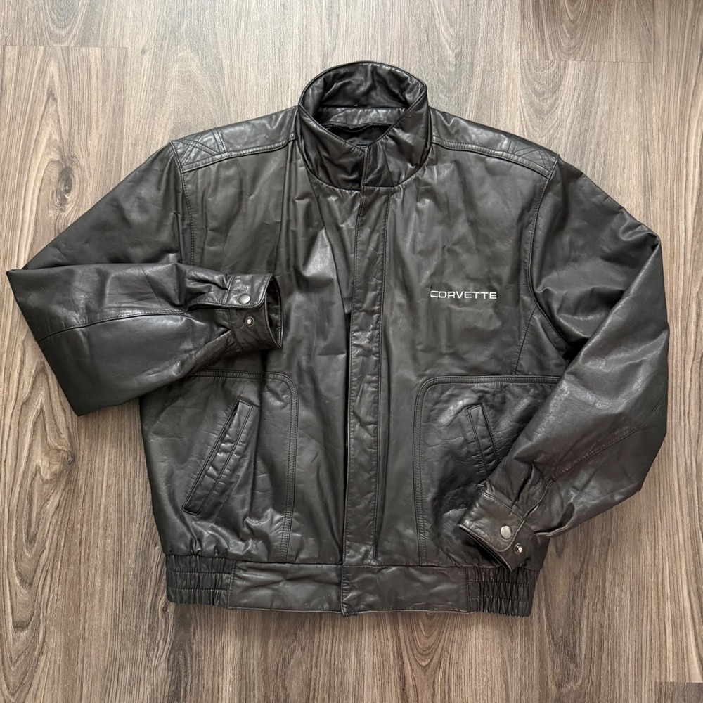 Reed Sportswear Corvette Black Leather Bomber Jacket Mens XL Vintage Racing Moto - Picture 4 of 11
